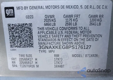 2023 Chevrolet Equinox Fwd Lt из США, поврежденный, VIN 3GNAXKEG8PS176127